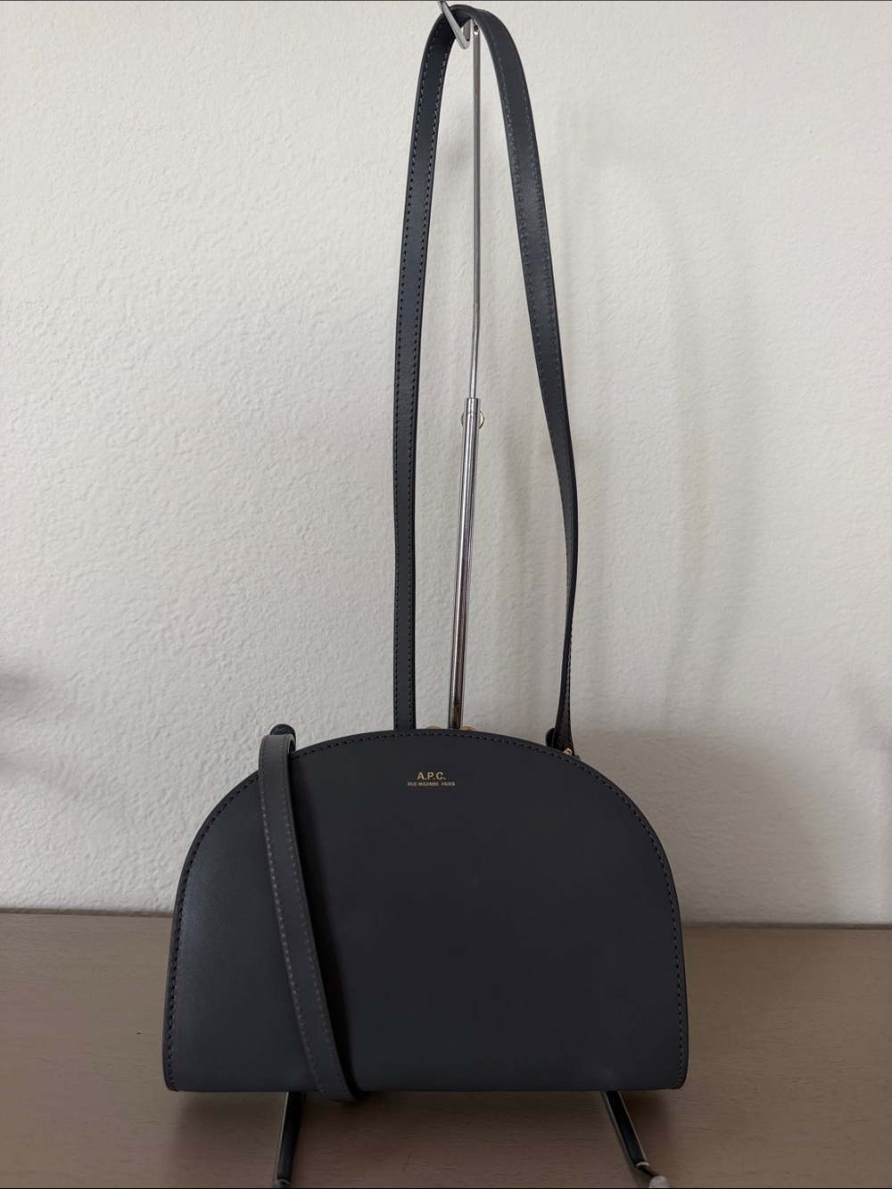 A.P.C. Half-Moon Leather Crossbody Bag in Black with Gold Logo